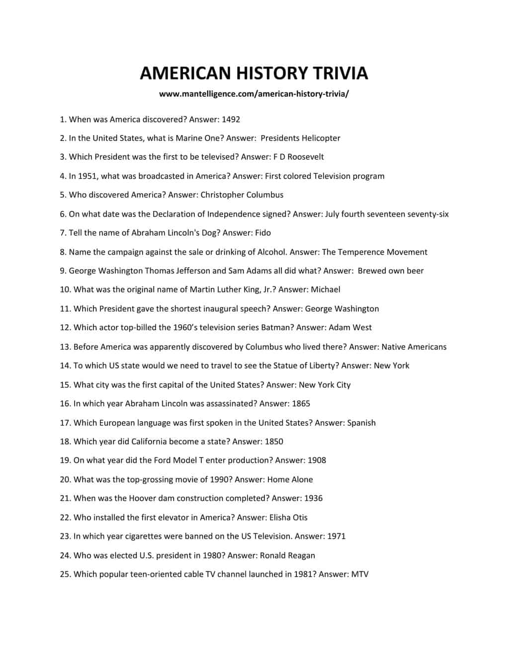 American History Trivia Questions And Answers Printable - Challenge ...