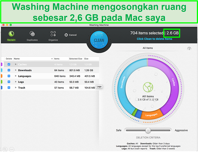 Tangkapan layar fitur Mesin Cuci di Intego yang mengidentifikasi file sampah yang akan dihapus