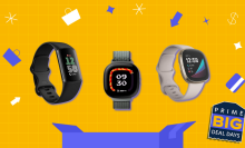 prime day illustration in yellow and blue with three Fitbit watches