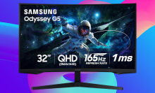 Samsung Odyssey G55C on a multicolor abstract background