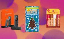 A bar of Tony's Chocolonely appears centrally, next to a four pack of holiday flavored Burt's Bees lip balm and an Amazon Fire TV Stick.