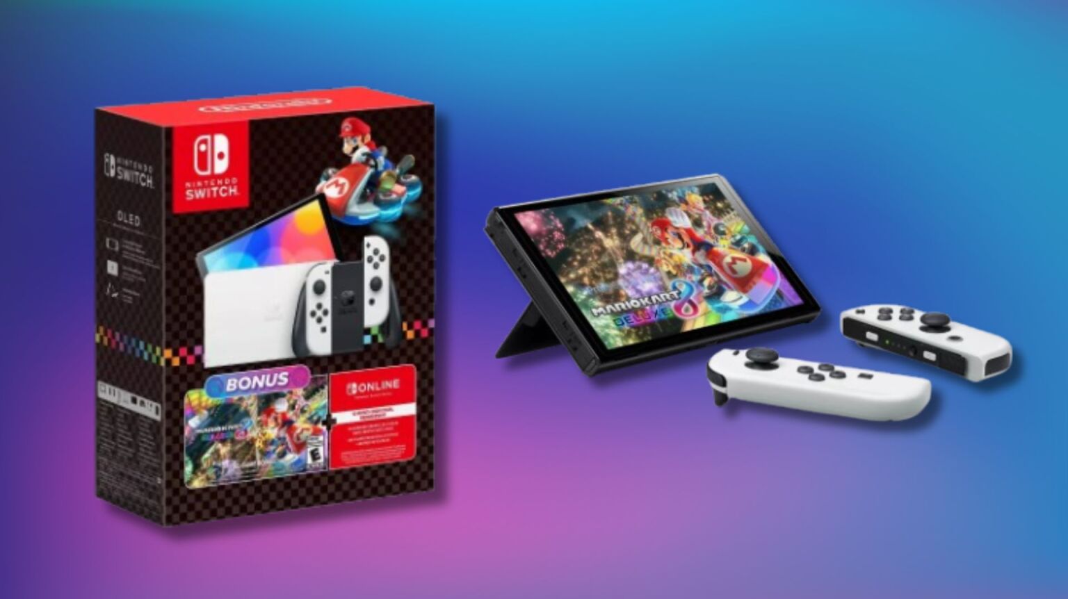 nintendo switch oled mario kart 8 deluxe bundle box on the left and console on the right on a blue and purple gradient background