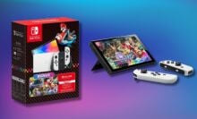 nintendo switch oled mario kart 8 deluxe bundle box on the left and console on the right on a blue and purple gradient background