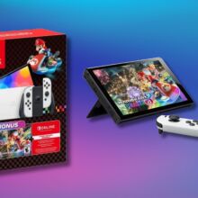 nintendo switch oled mario kart 8 deluxe bundle box on the left and console on the right on a blue and purple gradient background