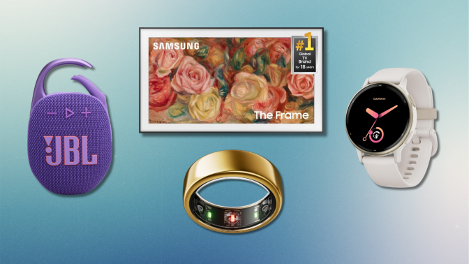 blue gradient background with collage of Garmin watch, JBL speaker, Oura ring, and Samsung The Frame TV