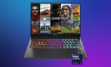 HP Omen 14 gaming laptop on a purple gradient background