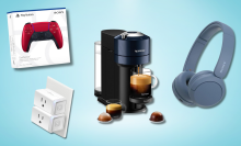 A red PlayStation 5 controller, a Nespresso Vertuo coffee machine with pods, a pair of blue wireless headphones, and a white smart plug against a light blue background.