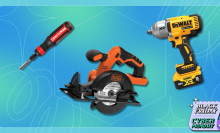 Various power tools in front of a blue background