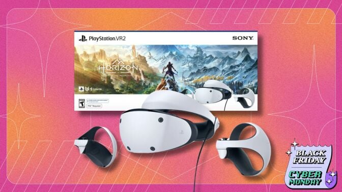 playstation vr 2 headset and its horizon call of the mountain bundle box on a pink and orange patterned background