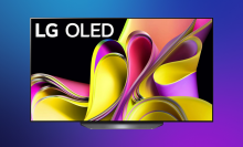 OLED55B3PUA on a purple gradient background