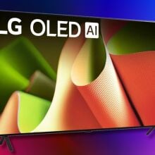 48-inch lg b4 tv angled on a pink and blue background