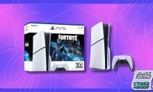 playstation 5 fortnite cobalt star bundle box on the left and the ps5 slim console and dualsense controller on the right against a purple and pink patterned background