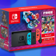 box art for the nintendo switch 'mario kart 8 deluxe' bundle against a blue and purple abstract background