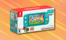 Nintendo Switch Lite bundle on orange abstract background