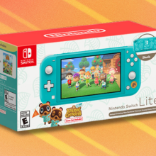 Nintendo Switch Lite bundle on orange abstract background