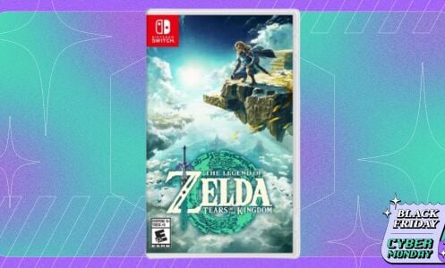 Zelda: Tears of the Kingdom appears in its packaging on a purple and green background with the Mashable Black Friday logo in the bottom right.