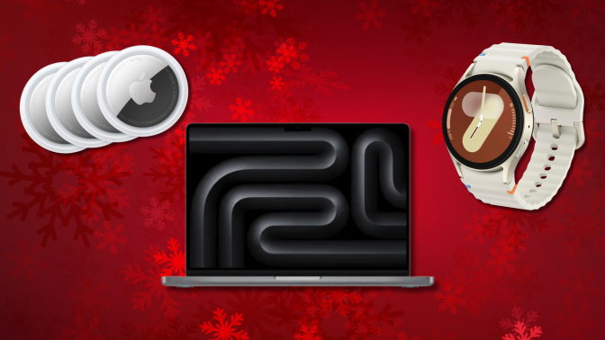 A festive red background with snowflakes showcases a stack of Apple AirTags, a MacBook laptop, and a smartwatch, hinting at holiday tech deals.