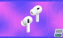 Two Apple AirPods Pro 2 appear on a purple and blue background with the Mashable Black Friday logo.