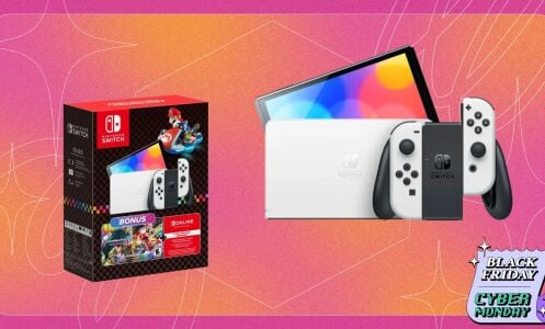 nintendo switch console and box on orange background with badge that reads 'black friday cyber monday'