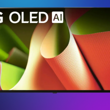 LG B4 55-inch OLED on a purple gradient background