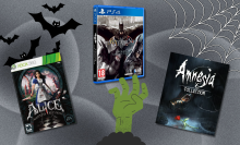 Games from Nintendo, PlayStation, Xbox overlaid on a background decorated with Halloween elements like spiderwebs