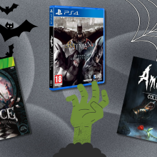 Games from Nintendo, PlayStation, Xbox overlaid on a background decorated with Halloween elements like spiderwebs