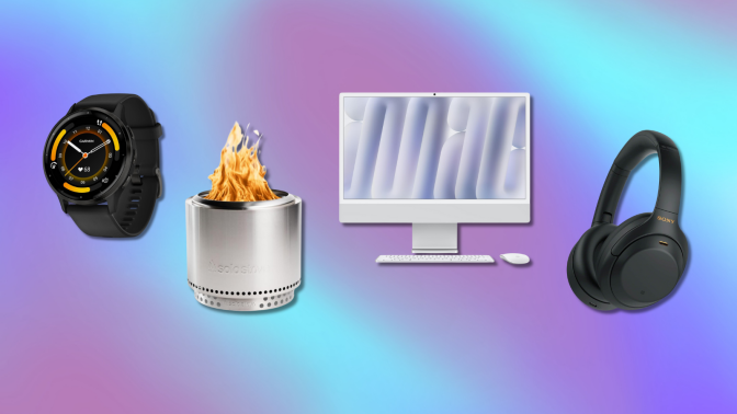 Garmin watch, Solo Stove, iMac, and Sony headphones with purple and blue background