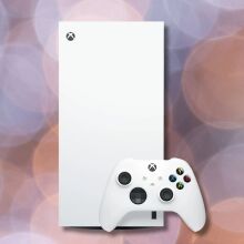 robot white xbox series x console and controller against a light purple and orange circular background