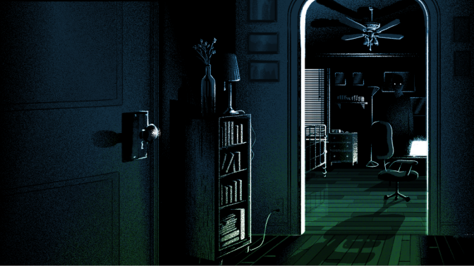 An illustration of a dark room, lit by an vacant computer screen. 