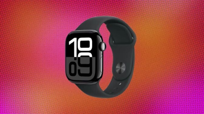 A black Apple Watch 10 appears on a pink and orange background.