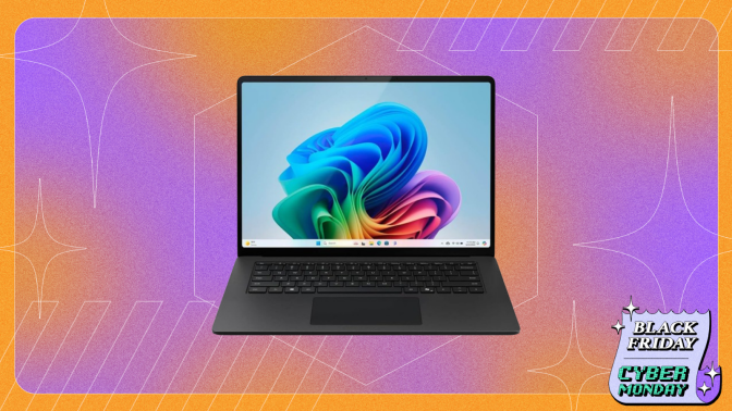 the microsoft surface laptop 7 against a pink and orange gradient background with faint line art. there's a black friday/cyber monday logo in the lower right corner