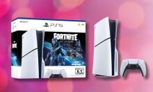 playstation 5 fortnite cobalt star bundle box on the left and the console and controller on the right against a pink circular background