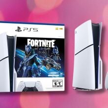 playstation 5 fortnite cobalt star bundle box on the left and the console and controller on the right against a pink circular background