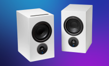 PSB Alpha iQ speakers on a purple gradient background