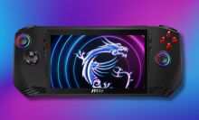 msi claw gaming handheld on a purple and blue gradient background