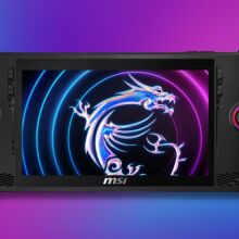 msi claw gaming handheld on a purple and blue gradient background