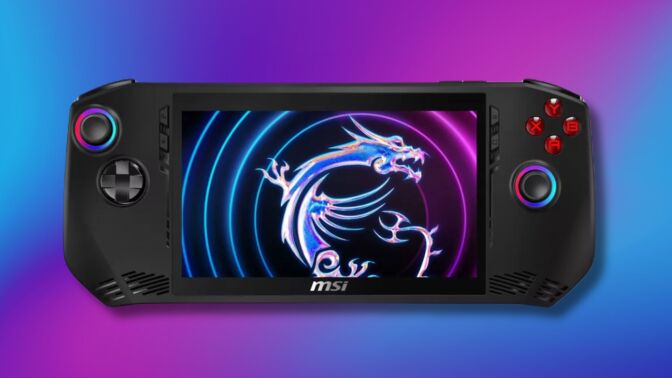 msi claw gaming handheld on a purple and blue gradient background