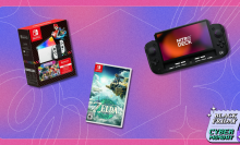 Nintendo Switch products in front of a purple background