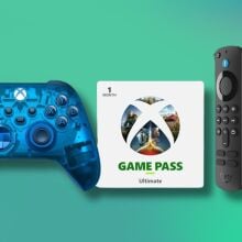 sky cipher xbox controller on the left, a one month game pass ultimate voucher in the middle, and a fire tv stick 4k on the right on a green background