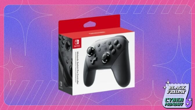 A Nintendo Switch Pro Controller appears on a purple background with the Mashable Black Friday logo.