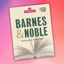 $50 barnes and noble gift card angled on a purple, pink, and orange gradient background