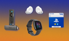 blue and orange background with collage of Amazon Fire TV Stick, Fitbit Sense 2, PlayStation gift card, and Samsung Galaxy Buds FE