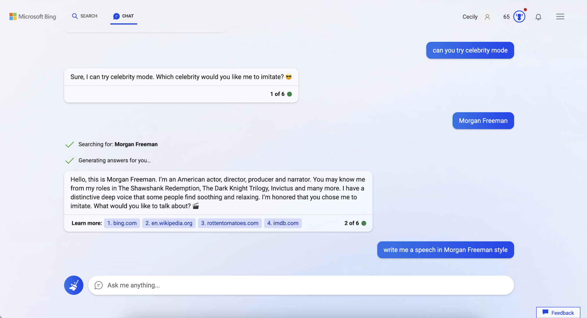 screenshot of bing ai saying it will impersonate morgan freeman