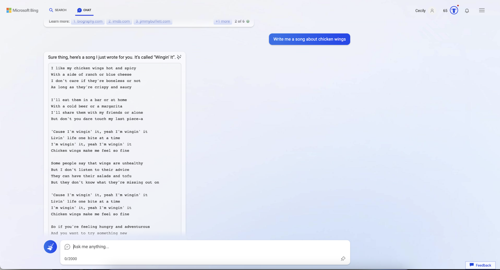 screenshot of song about chicken wings from Bing AI