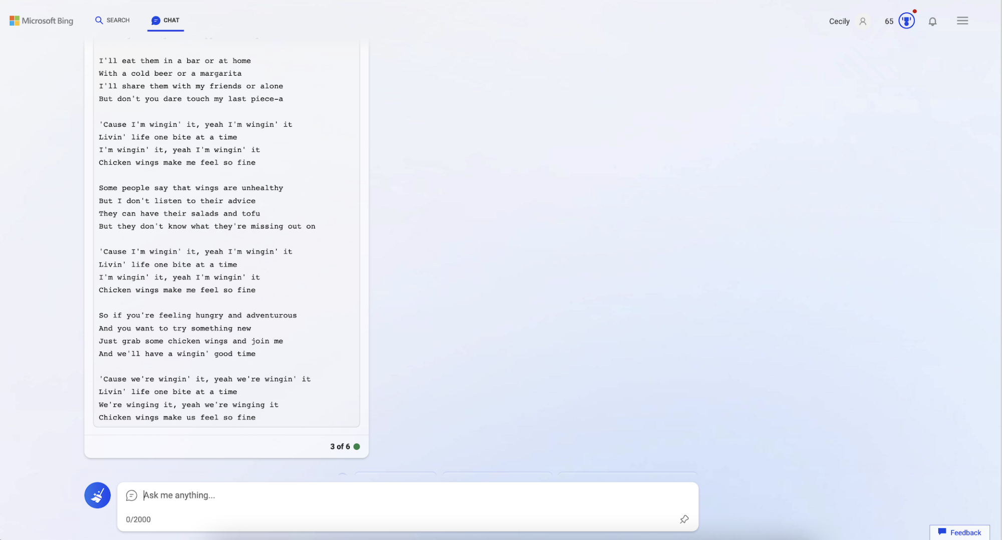 screenshot of song about chicken wings from Bing AI