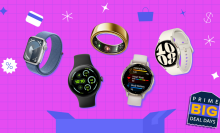 pink and blue Prime Day illustration with fitness trackers and smartwatches from Apple, Samsung, Garmin, Google, and Oura