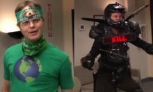 A side-by-side of Rainn Wilson as Dwight Schrute dressed as environmental hero Recyclops on "The Office,"