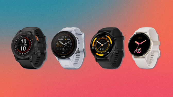 Garmin smartwatches with blue and pink gradient background