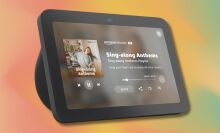 charcoal amazon echo show 8 on a red, yellow, and green gradient background