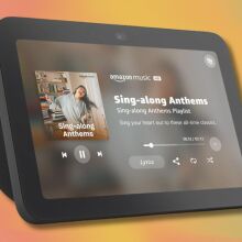 charcoal amazon echo show 8 on a red, yellow, and green gradient background